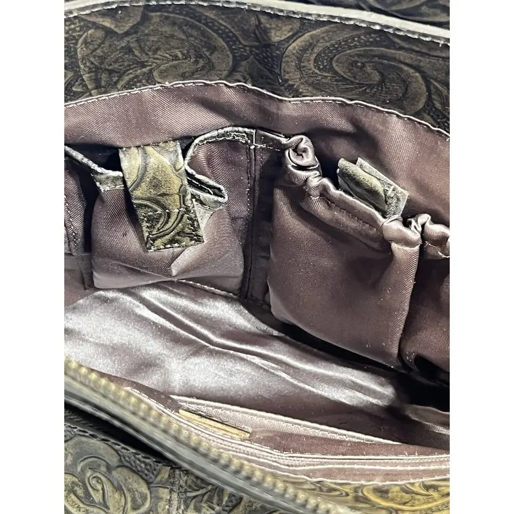 Maxx New York Floral Embossed Patent Leather Satchel Gold Zip Top Shoulder Bag